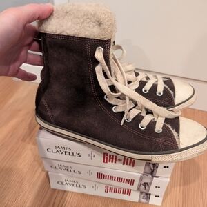 Brown High-Top Sneakers with Cream Laces